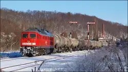 Am 07.12.2012 r�hrt 241 449 mit einem Kesselzug am Haken von Nossen in Richtung D�beln, hier durch die verschneite Winterlandschaft bei Rosswein.