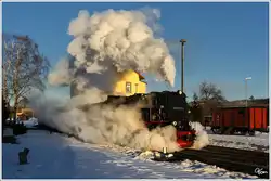 HSB Dampflok 99 7232 bei der Ausfahrt in Gernrode, mit dem Zug 8961 von Gernrode nach Harzgerode.