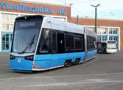 Die Stra�enbahn vom Typ Vossloh 6N2 f�r Rostock stand am 25.01.2014 auf dem Gel�nde der Rostocker Stra�enbahn AG.