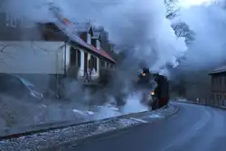 99 6101 und 99 5901 am Vormittag des 14.02.2015 beim Zurückdrücken des IG HSB-Sonderzuges, zur Vorbereitung einer Scheinanfahrt in Mägdesprung.