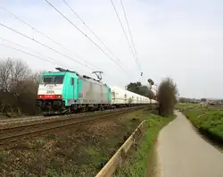 Die Cobra 2804  kommt aus Richtung Aachen-West und fährt die Gemmenicher-Rampe hochgefahren mit einem langen Kalkleerzug aus Millingen(D) nach Yves-Gomezee(B) und fährt in Richtung