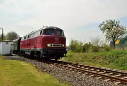 Mit einem Sonderzug aus Donnerbüchsen verlässt hier die LOLO V160 002 den ehemaligen Bahnhof Reken an der Strecke zwischen Dorsten und Coesfeld.