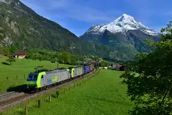 Re 485 005 + Re 485 008 mit einem Containerzug am 21.05.2016 bei Silenen.