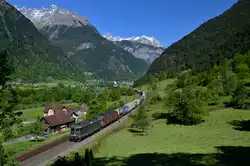 Re 420 330 und eine Re 6/6 mit einem KLV am 21.05.2016 bei Erstfeld.