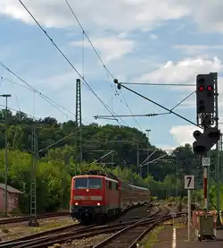 111 079-0 mit RE 9 (10917) Rhein Sieg Express (RSX) Aachen - K�ln - Siegen am 03.08.2012 bei der Einfahrt in den Bahnhof Betzdorf (Sieg).