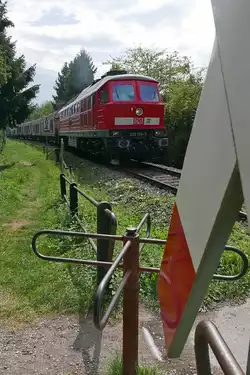 Mit den von Bludenz kommenden und in Lindau-Reutin �bernommenen G�terwagen befindet sich 233 176-7 auf dem Verbindungsbogen von der KBS 731.1 auf die KBS 970 und zieht am 24.08.2018 den Zug nach