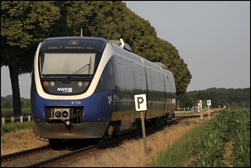 VT710 ist zwischen Telgte und Raestrup-Everswinkel als NWB81560 (RB67  Der WARENDORFER ) nach Detmold unterwegs. (24.06.2009)

