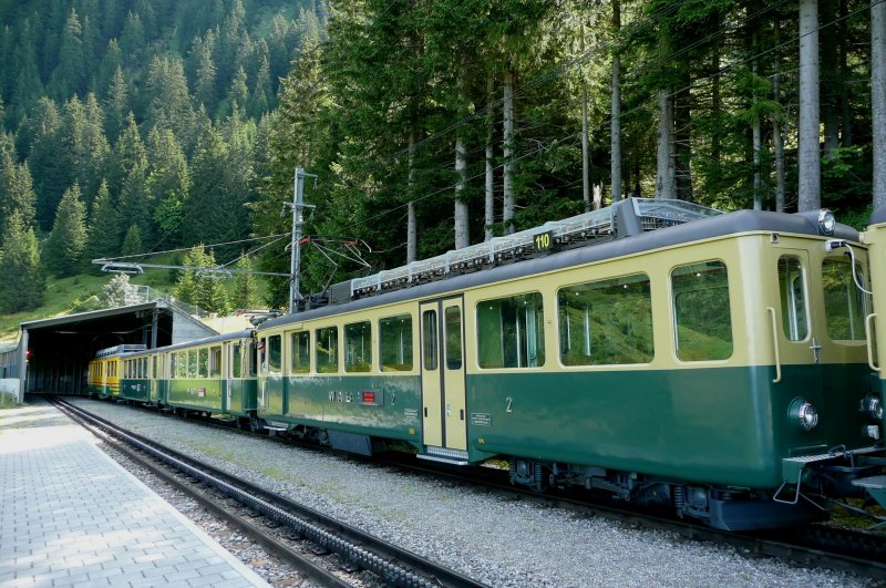WAB Allmend Lawinengalerie Sommer. Wengernalpbahn Zahnradbahn Haltestelle Ausweichstelle Allmend Lawinengalerie 2 Pendelzuege talwaerts warten: Triebwagen BDhe 4/4 110 von 1960 klassisch dunkelgruen-beige, BDhe 4/4 Serie 119-124 von 1970 in neuer Farbgebung 1998 grasgrn-gelb. Linie Lauterbrunnen-Kleine Scheidegg.
