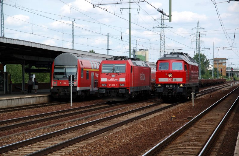 Whrend am Gleis 4 die RB nach Nauen steht, fhrt neben der abgestellten 185 202 232 601 Lz durch Schnefeld Richtung Seddin. Fotografiert am 29.07.09.