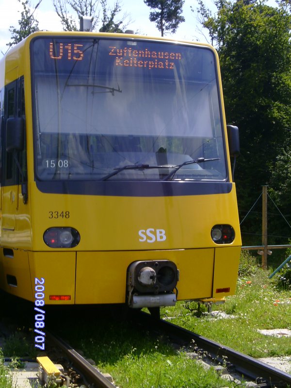 Wagen 3348 der SSB steht am 7.8.2008 abfahrtsbereit als U15 nach Zuffenhausen am Fernsehturm.