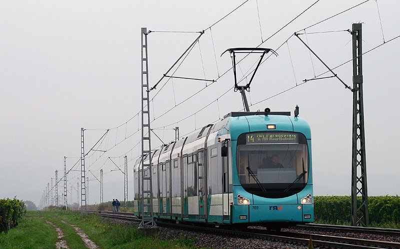 Wagen 703 ist am 13. September 2008 unterwegs als Linie 14 (Bad Drkheim - Mannheim). Aufgenommen wurde das Bild bei Ellerstadt.
