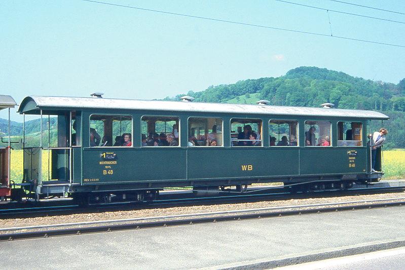 WB - B 48 am 09.05.1993 in Bad Bubendorf - Personenwagen 2. Klasse fr Dampfzge - SWS - Baujahr 1937 - Gewicht 10,00t - Sitzpltze 42 - LP 13,20m - zulssige Geschwindigkeit km/h 55 - =23.03.1988.
