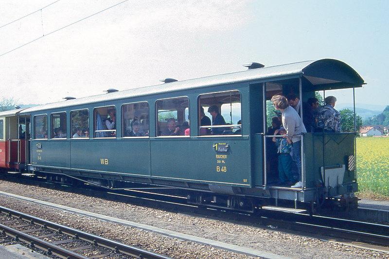 WB - B 48 am 09.05.1993 in Bad Bubendorf - Personenwagen 2. Klasse fr Dampfzge - SWS - Baujahr 1937 - Gewicht 10,00t - Sitzpltze 42 - LP 13,20m - zulssige Geschwindigkeit km/h 55 - =23.03.1988.
