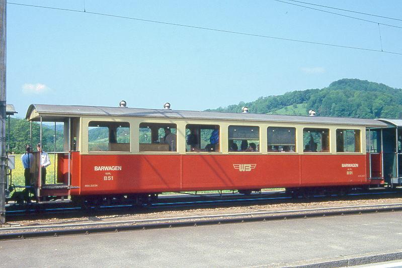 WB - B 51 am 09.05.1993 in Bad Bubendorf - Barwagen fr Dampfzge - SWS - Baujahr 1968 - Gewicht 9,30t - Sitzpltze 42 - LP 13,20m - zulssige Geschwindigkeit km/h 55 - =03.08.1984. Hinweis: Hinweis: Lackierung noch rot/creme - seit 03/1995 gne Lackierung
