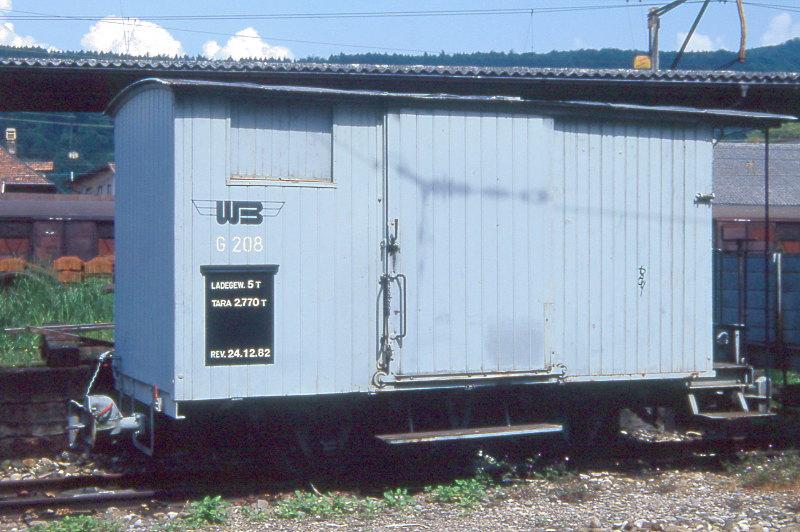 WB - Gk 208 am 09.05.1993 in Liestal - Gedeckter Gterwagen - SIG - Baujahr 1904 - Gewicht 2,77t - Zuladung 5,50t - LP 5,29m - zulssige Geschwindigkeit km/h 50 - =07.06.80.
