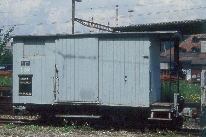 WB - Gk 208 am 09.05.1993 in Liestal - Gedeckter Gterwagen - SIG - Baujahr 1904 - Gewicht 2,77t - Zuladung 5,50t - LP 5,29m - zulssige Geschwindigkeit km/h 50 - =07.06.80.
