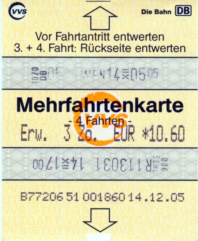 Wendlingen, am Automaten gelste Mehrfahrtenkarte ber 3.Zonen bei der VVS aus dem Jahre 2005 (Originalbeleg eingescannt)