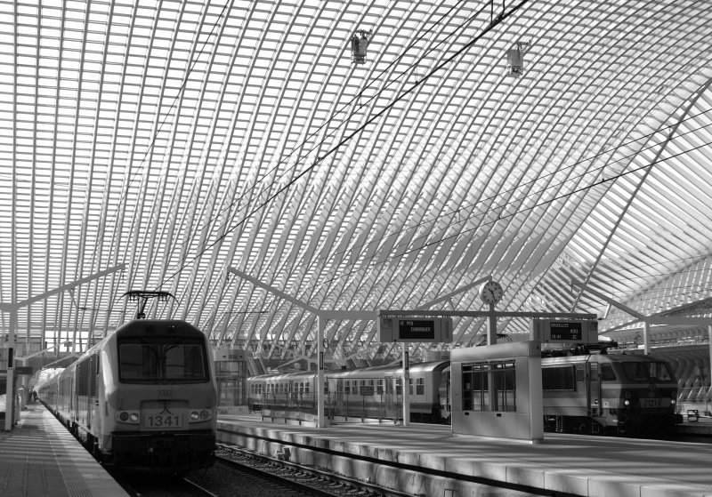 Wer hier ankommt fhlt sich in eine andere Zeit versetzt.
Selten wirkt moderne Architektur so schn und eindrucksvoll wie im Bahnhof Lige.
(30.03.2009)