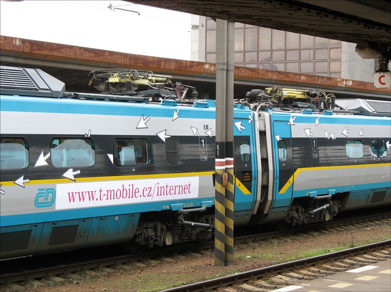 Werbung fr das Internet ber T-Mobile in Tschechien am Pendolino, der gleich als SC 505 nach Ostrava hl.n. abfahren wird; Praha Holesovice, 6.10.2007
