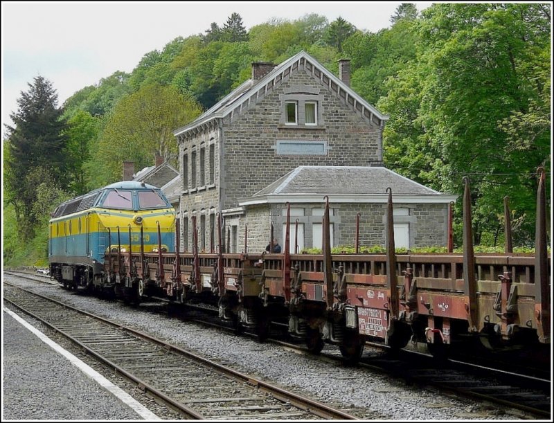 Wie in fr�heren Zeiten durchf�hrt die Diesellok 5529 den Bahnhof von Dorinne-Durnal mit einem G�terzug am Haken. Mit dem Unterschied, dass die  Ligne du Bocq  heute eine Museumsstrecke ist und die Durchfahrt des G�terzuges nur Show war anl�sslich des Rundnasentreffens am 16.05.09. Auf dem G�terwagen w�chst �brigens kein Gras, es handelt sich um eine Hecke hinter dem Wagen. (Jeanny)