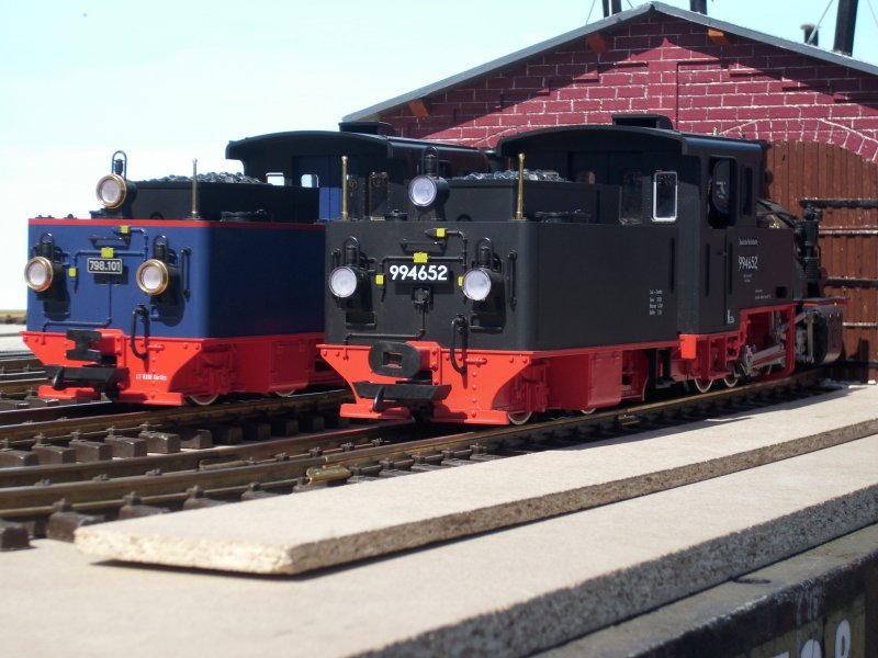 Wie das Orginal Nicki/Frank S. links und 99 4652 vor dem Lokschuppen.