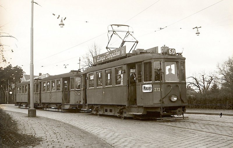 Wien - Wir sind in Februar 1962, der TW N1 2726 mit zwei BW hat Hietzing vor fnf Minuten verlassen und ist nach Mauer unterwegs.
Foto : J.J. Barbieux.