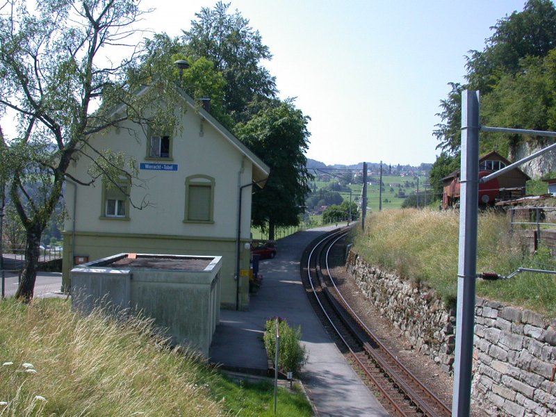 Wienacht-Tobel ist der Haltepunkt in der Mitte der Strecke und besitzt ein Ausweichgleis fr allfllige Zugskreuzungen. (23.07.2003)