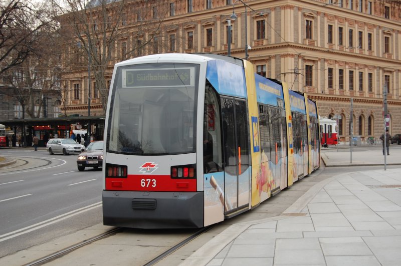 Wiener Linien Stranebahn Nr. 673 als Linie D auf dem Wiener Ring. Februar 2009 