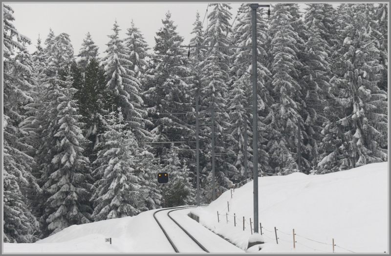 Winterimpressionen zwischen Davos und Klosters. Einfahrvorsignal von Cavadrli Seite Klosters. (18.10.2009)