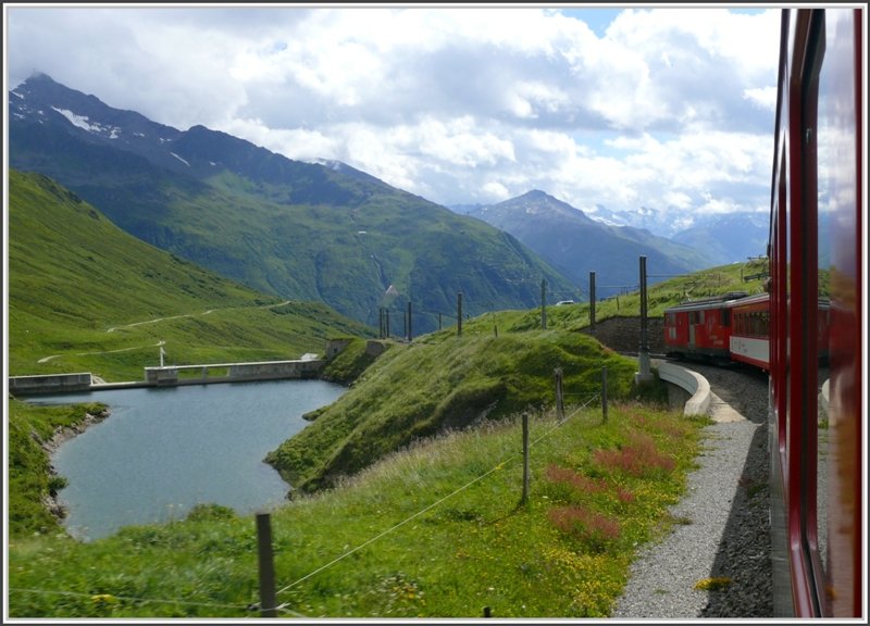 Wir passieren einen Ministausee oberhalb Ntschen vorbei an blhenden Sauerampfern. Im Hintergrund ist der Skiberg Gemsstock zu sehen.(22.07.2008)