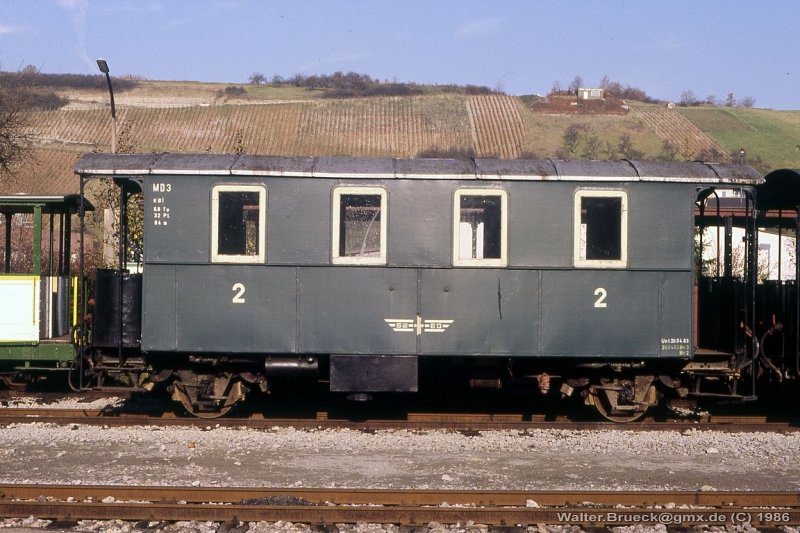 W�. KBi Personenwagen Nr. MD 3, aufgenommen am 10.11.1986 in D�rzbach. Div. Detailfotos siehe auch auf www.schmalspuralbum.de