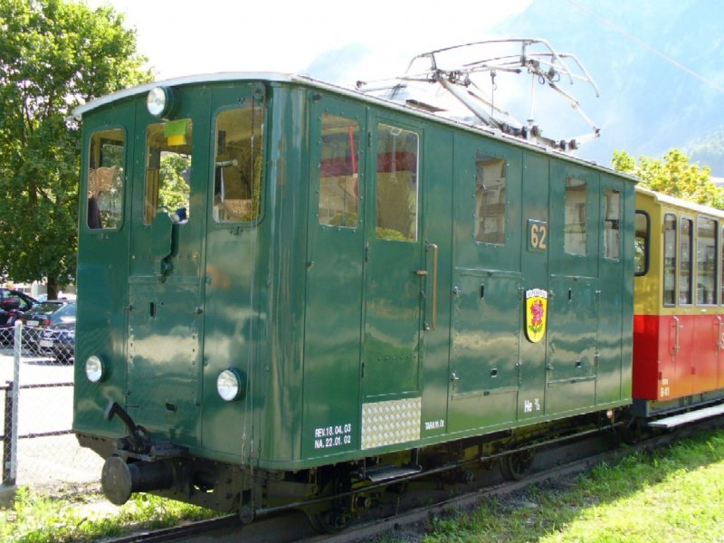 Zahnrad E-Lok Olteimer He 2/2 62 im Bahnhof von Wilderswil am 19.08.2006