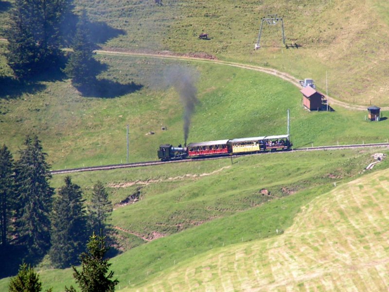 Zahnraddampflok RB 17 mht sich mit aller Kraft und viel Dampf den vollbesetzten Zug die Steigung nach Rigi Kulm hoch zuschieben. 04.08.07