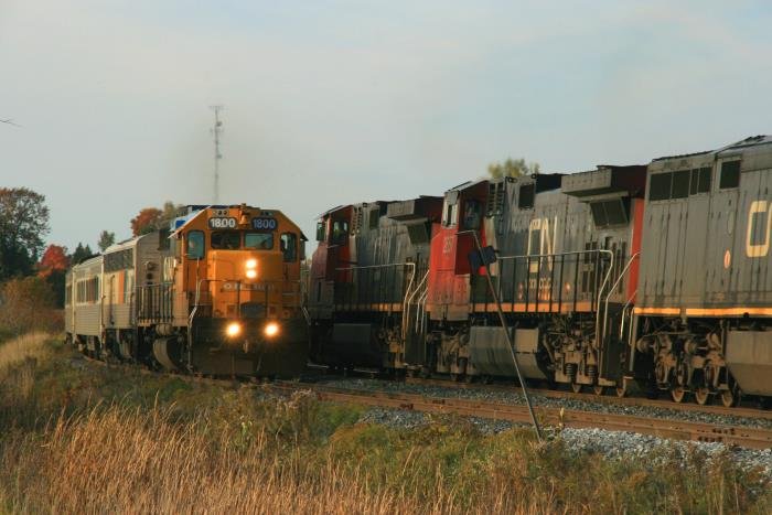 Zeitgleich kam aus Richtung Norden ein Personenzug der O.N. Rail. Knapp vor dem Bahn�bergang, an dem ich wartete, begeneten sich die vier Maschinen auf einer Ausweichm�glichkeit der sonst eingleisigen Strecken. Nat�rlich nur mit dauerhaften Typhon-Ton. Bei dem Soundtechnisch einmaligen Erlebnis zitterte ich beim fotografiern...
