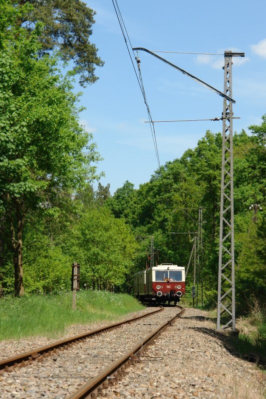 Zu Pfingsten stattete ich der Buckower Kleinbahn einen Besuch ab und der hat sich wirklich gelohnt. Diese Bahn strahlt eine unheimlich schne Nebenbahnidylle aus. Sogar Telegrafenmasten stehen noch entlang der Strecke. Der Verein leistet wirklich hervorragende Arbeit, um die Strecke am Leben zu erhalten. Hier kommt der Triebwagen gerade aus Buckow und fhrt gleich in den Haltepunkt Waldsieversdorf ein. (12.05.08)