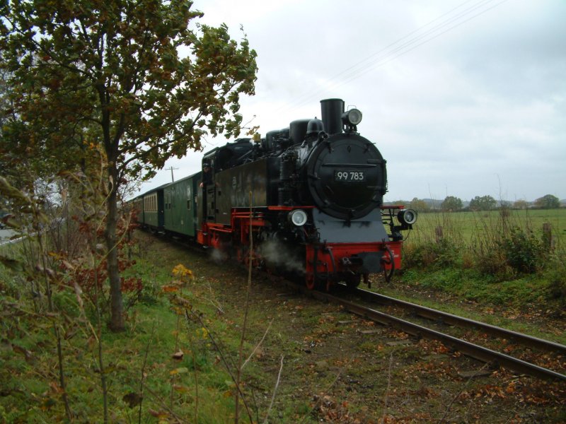 Zug 106 nach Putbus zwischen Baabe und Sellin am 06.11.2006 um 11.45 Uhr auf freier Strecke mit Lok 99 783.