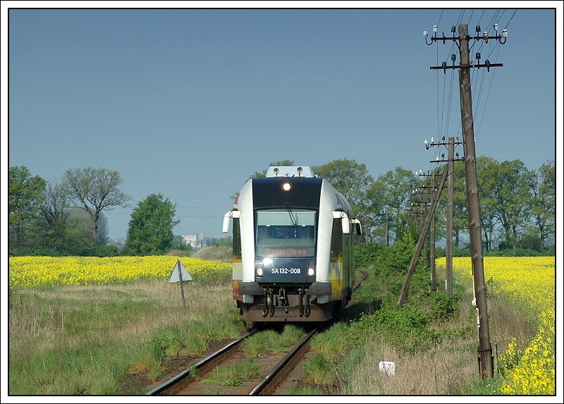 Zug 77429 von Wolsztyn nach Poznan im Bereich Granowo Nowotomyskie am 3.5.2008 aufgenommen. Es handelt sich hier um einen Triebwagen der BR SA 132, welche seit 2005 von PESA (Pojazdy Szynowe PESA Bydgoszcz SA -deutsch: Schienenfahrzeuge Bromberg AG ) in der Nhe von Bydgoszcz Głwna gebaut werden.
