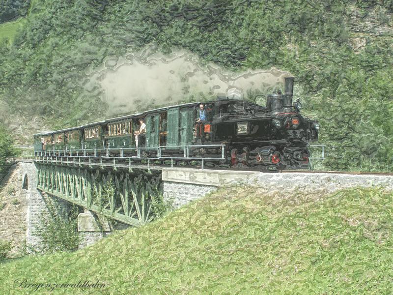 Zug der Bregenzerwaldbahn auf der Sporeneggbrcke ber die Bregenzer Ach am 28.07.05