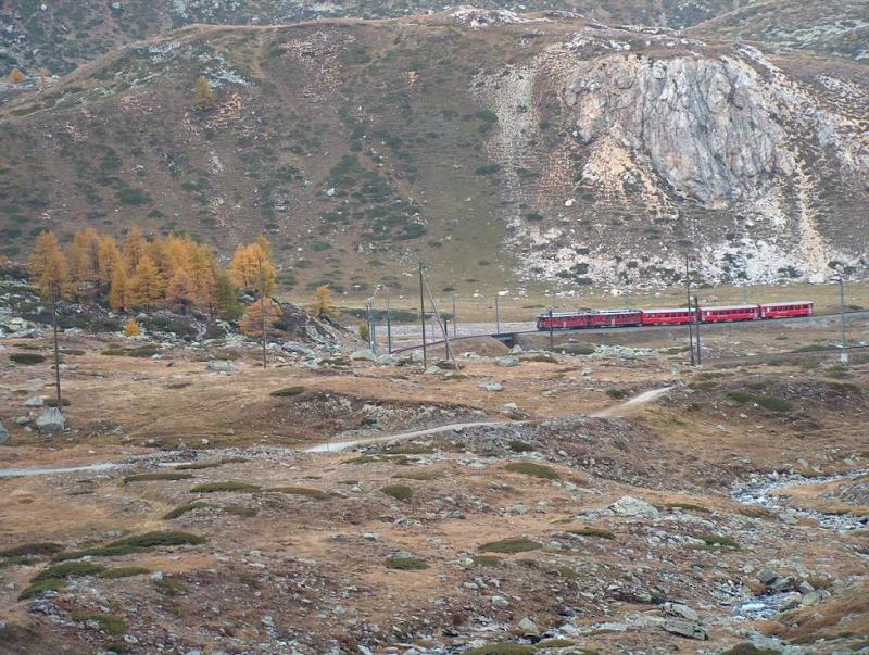 Zug nach Tirano in rauen Berninalandschaft in der Nhe von Bernina Suot am 9.Oktober 2004.