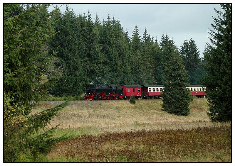 Zug Nr. 8903 vom Brocken nach Eisfelder Talmhle am 9.10.2007 kurz vor Sorge. Mit gleicher Zugnummer fhrt auch ein Zug von Wernigerode bis Drei Annen Hohne.