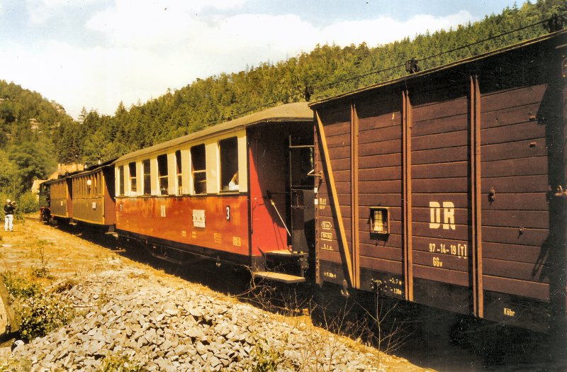 Zug der Traditionsbahn Radebeul-Ost nach einer Sonderfahrt auf der Zittauer Schmalspurbahn im Bhf.  Kurort Oybin, 1990