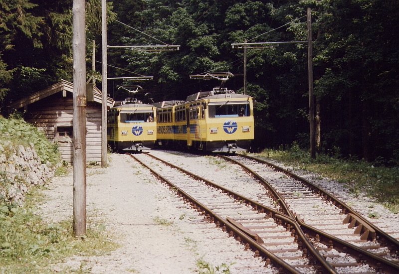 Zugbegegnung in der Kreuzungsstelle Aipl 972 m, Kilometer 4,1 im August 1997