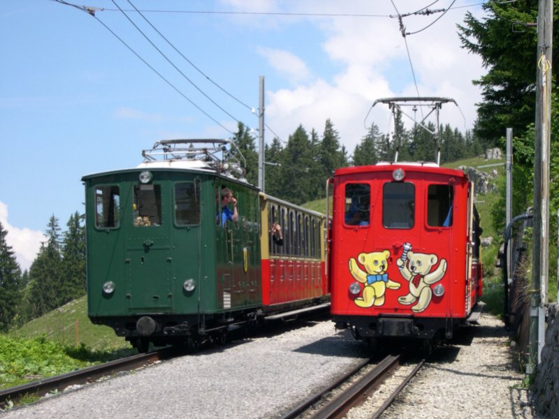 Zugkreuzung am 13.07.2005 in der Zwischenstation Breitlauenen der Schynige-Platte-Bahn. Die Lok rechts wirbt fr das Teddybren-Land auf Schynige Platte Kulm. Die Ausstellung befindet sich auf dem Gipfel.