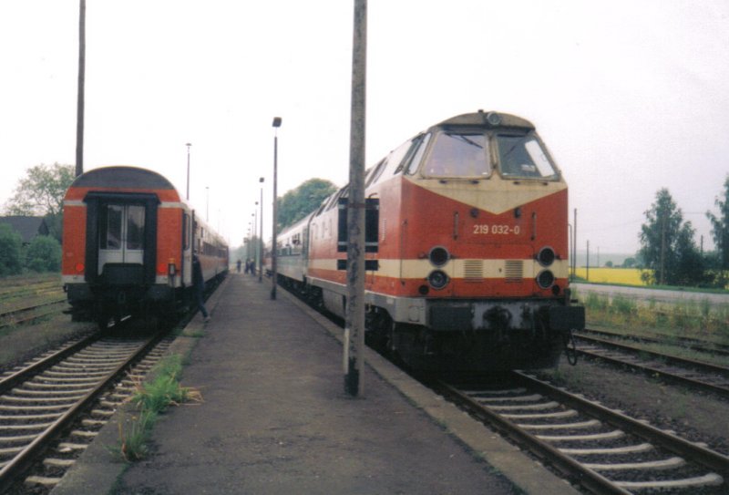 Zugkreuzung im Bahnhof Seelingstdt(KBS542). 219 032-0 mit RE 4265 Zwickau-Gera. Leider steht die Lampe im Weg. Bild vom 22.05.1999.