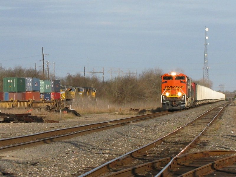 Zugkreuzung in Rosenberg (Texas): Links ein Containerzug der Union Pacific, rechts ein Kohlezug der BNSF. Aufgenommen am 19.2.2008.