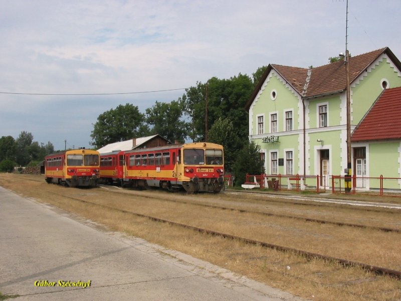 Zugkreuzung in Szcsny am 03.08.2007. Anfang der siebziger Jahre war hier noch die BR 375 zu Hause. Die Bzmot 241 fhrt bereits nach Balassagyarmat aus, die 254-er hat eine Minute spter Ihre Ausfahrt nach Ipolytarnc. 