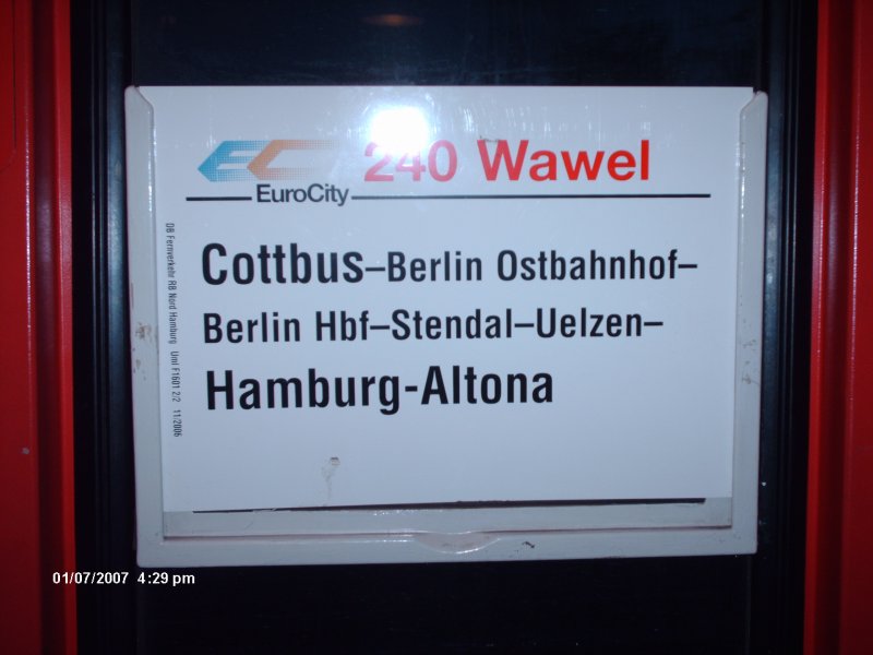 Zuglaufschild des IC Bistros, der ab Cottbus am EC 240 angekoppelt wurde.