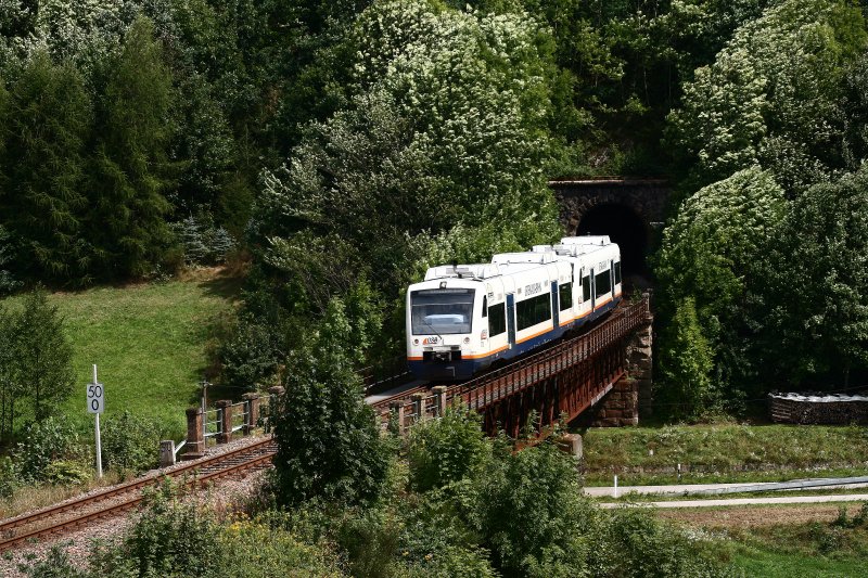 Zur Mittagszeit des 07. August 2008 fahren zwei OSB Regio-Shuttle als Ortenau S-Bahn nach Bad Griesbach. Die Aufnahme entstand zwischen Alpirsbach und Schenkenzell.