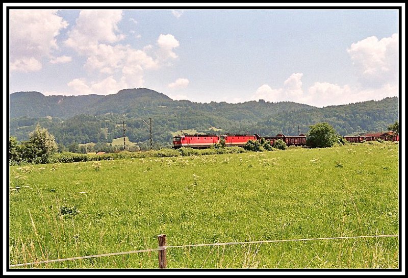 Zwei 1144er fahren mit einem Gterzug am 20.06.05 bei Niederaudorf Richtung Rosenheim.