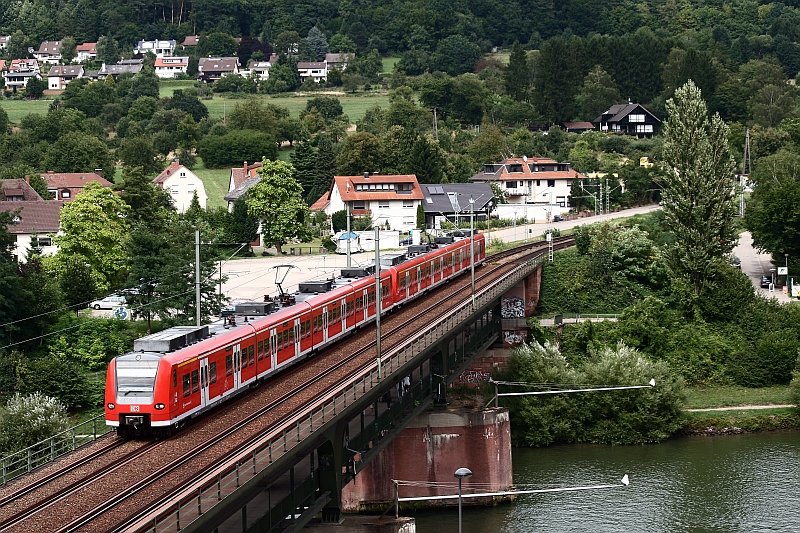 Zwei 425 berqueren am 10. August 2008 als S1 von Osterburken nach Homburg (Saar) HBF bei Neckargemnd Altstadt den Neckar.